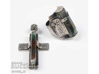 Men's silver ring and cross pendant moss agate 35.2 g