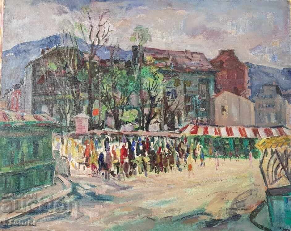 Евгени Томов /1934-2006/ Женскиат пазар София 1974 масло с цена 2100.00 лв. | € 1073.71