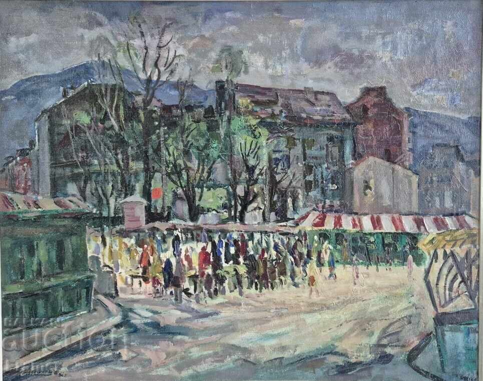 Evgeni Tomov /1934-2006/ Piata femeilor Sofia 1974 ulei cu preț € 1070.00 | 2092.75 BGN