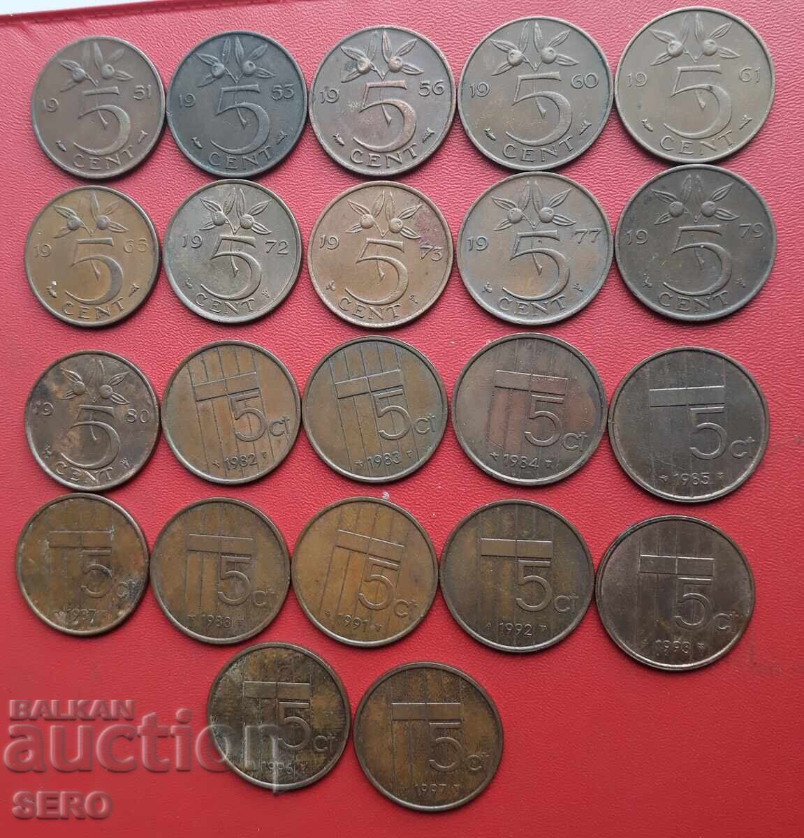 Olanda - lot de 22x5 cenți din ani diferiți