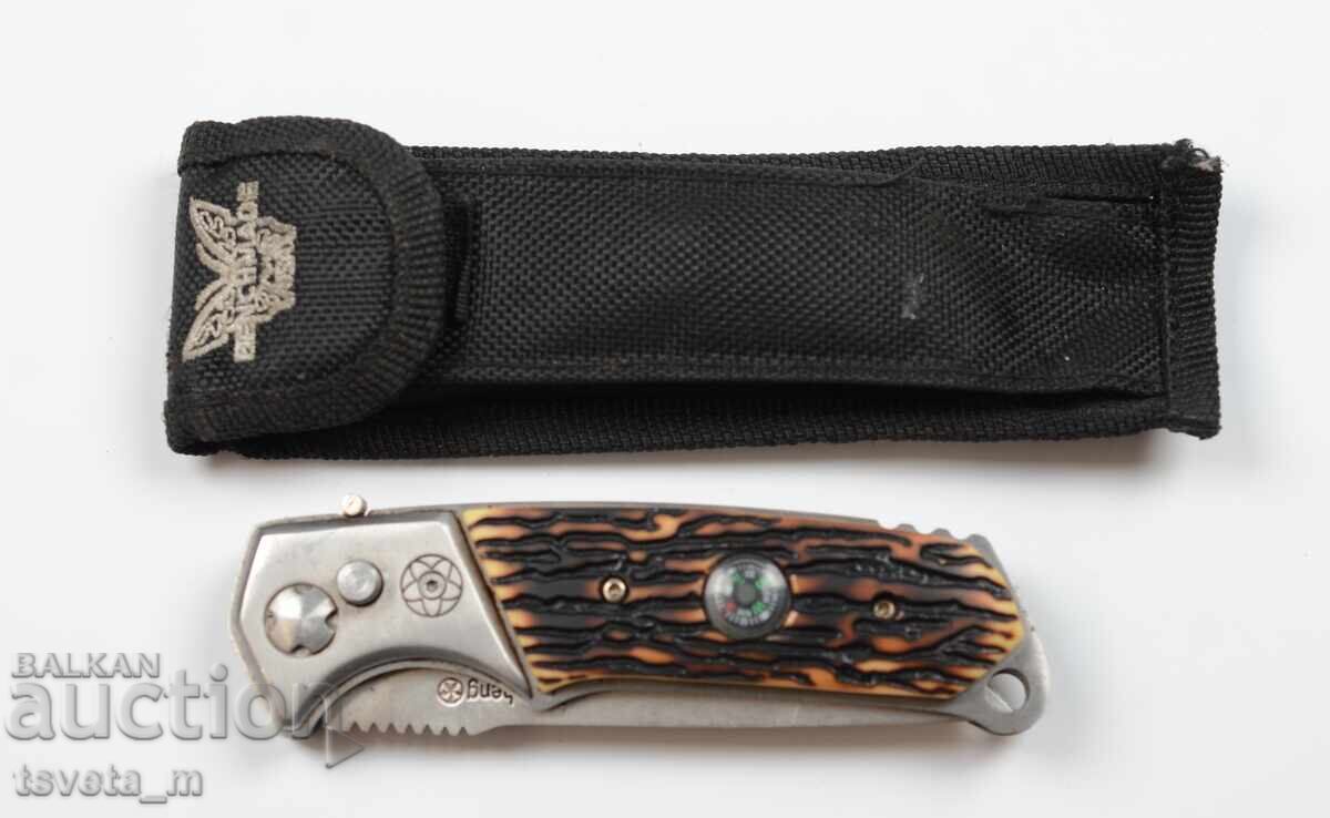 Automatic pocket knife with sheath and compass