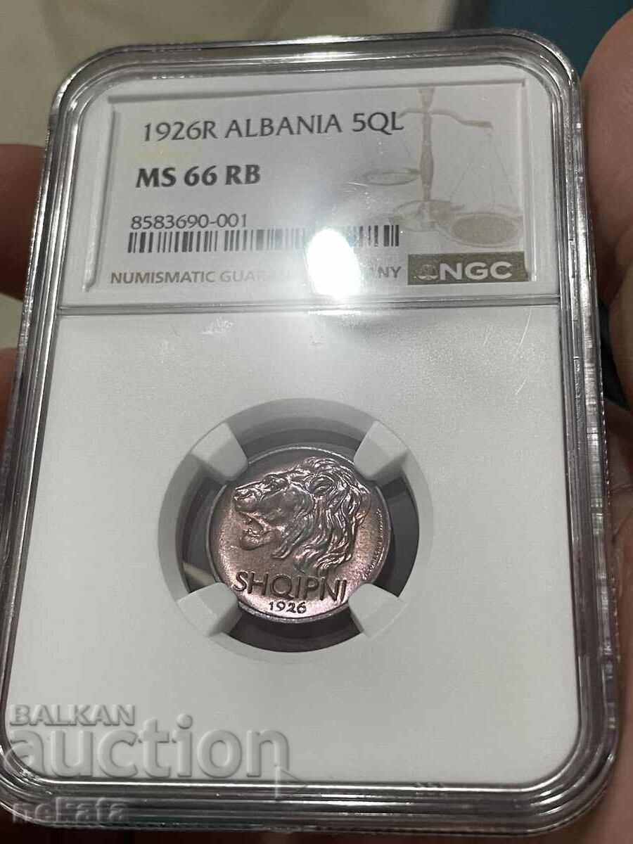 Albania 5 qindarka lek, 1926 g. MS66RB NGC cu preț 500.00 BGN | € 255.65
