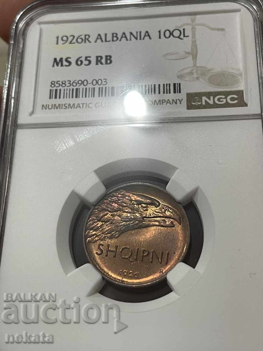 Albania 10 Qindar Lek, 1926, MS65RB NGC