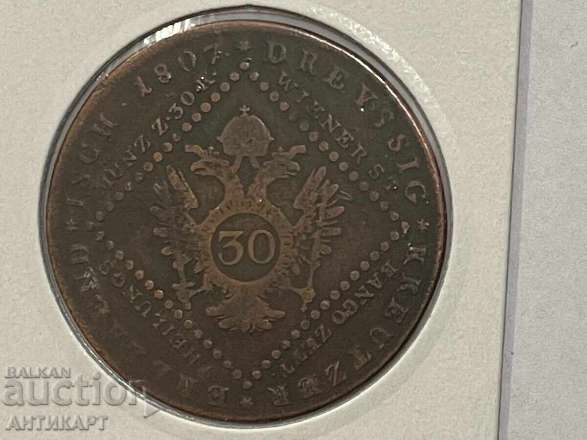 Monedă rară de cupru Austria 30 kreuzeri kreutzers 1807 S cu preț 19.00 BGN | € 9.71