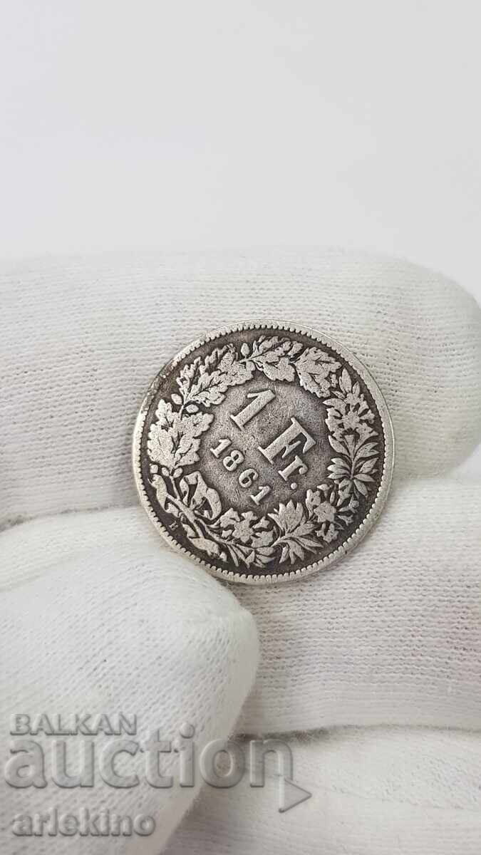 Srebŭrna moneta 1 frank 1861 g. Ελβετία HELVETIA με τιμή 47.88 BGN | € 24.48