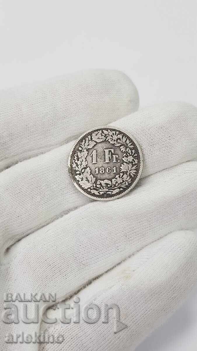Srebŭrna moneta 1 frank 1861 g. Ελβετία HELVETIA - 6