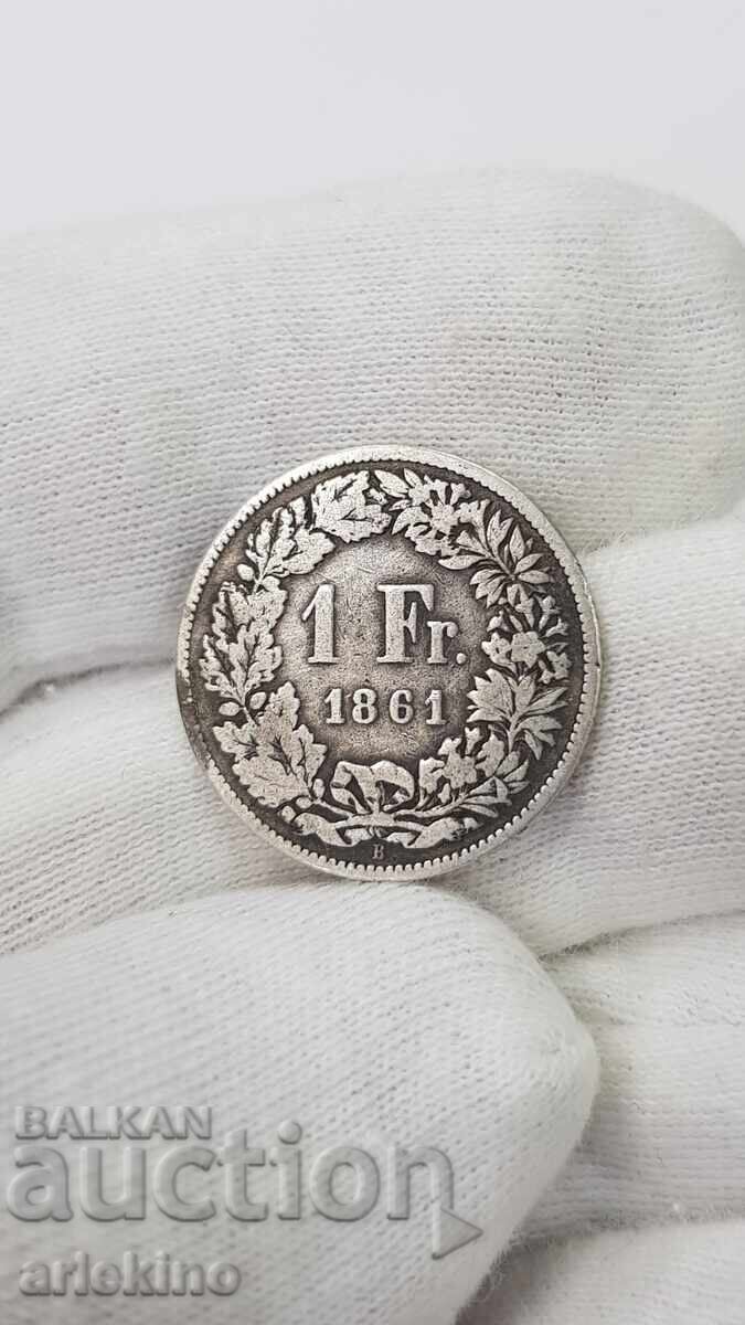 Srebŭrna moneta 1 frank 1861 g. Ελβετία HELVETIA
