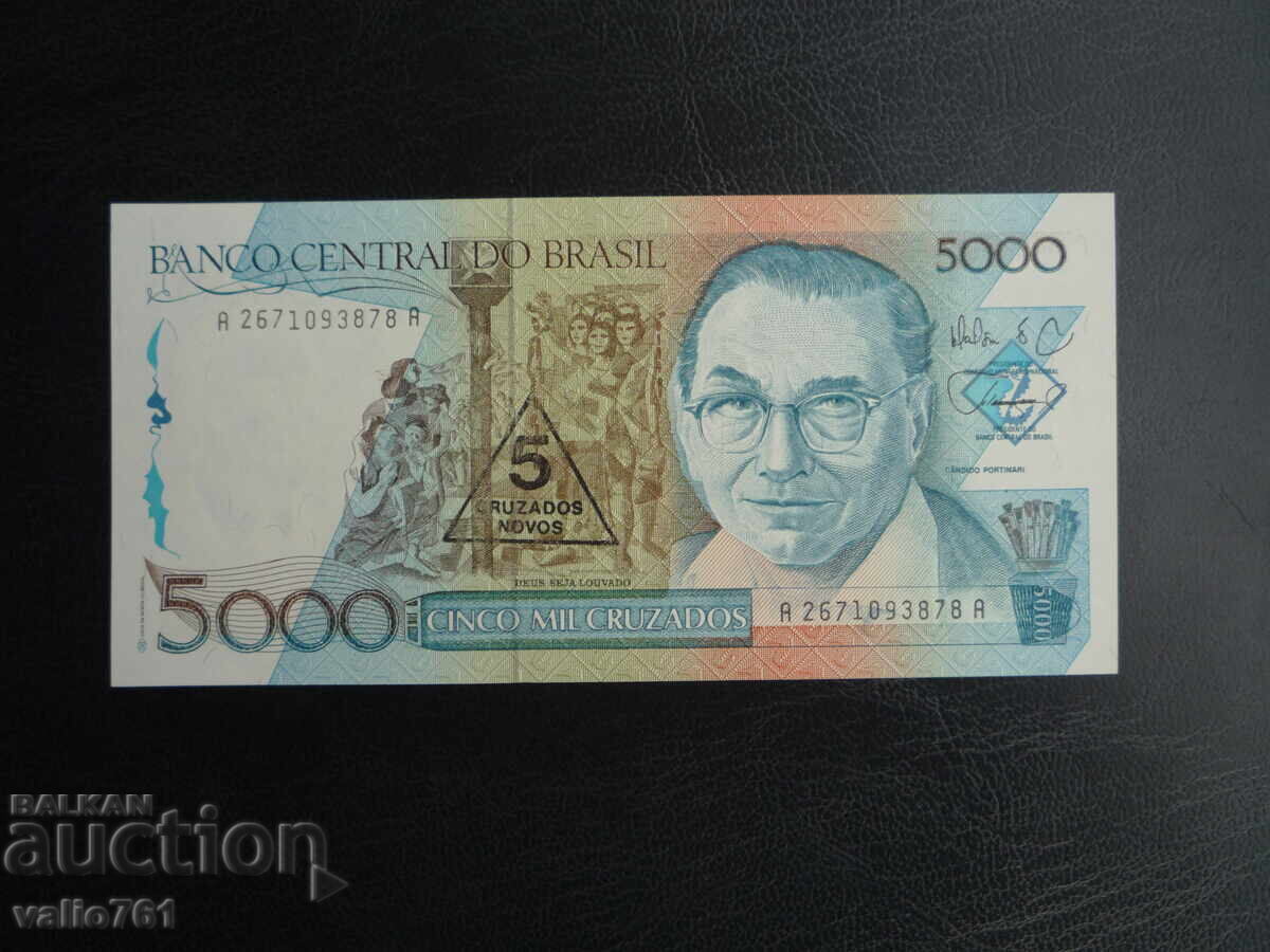 BRAZIL 5000 5,000 CRUZADOS OVERPRINT (5) 1989 NEW UNC