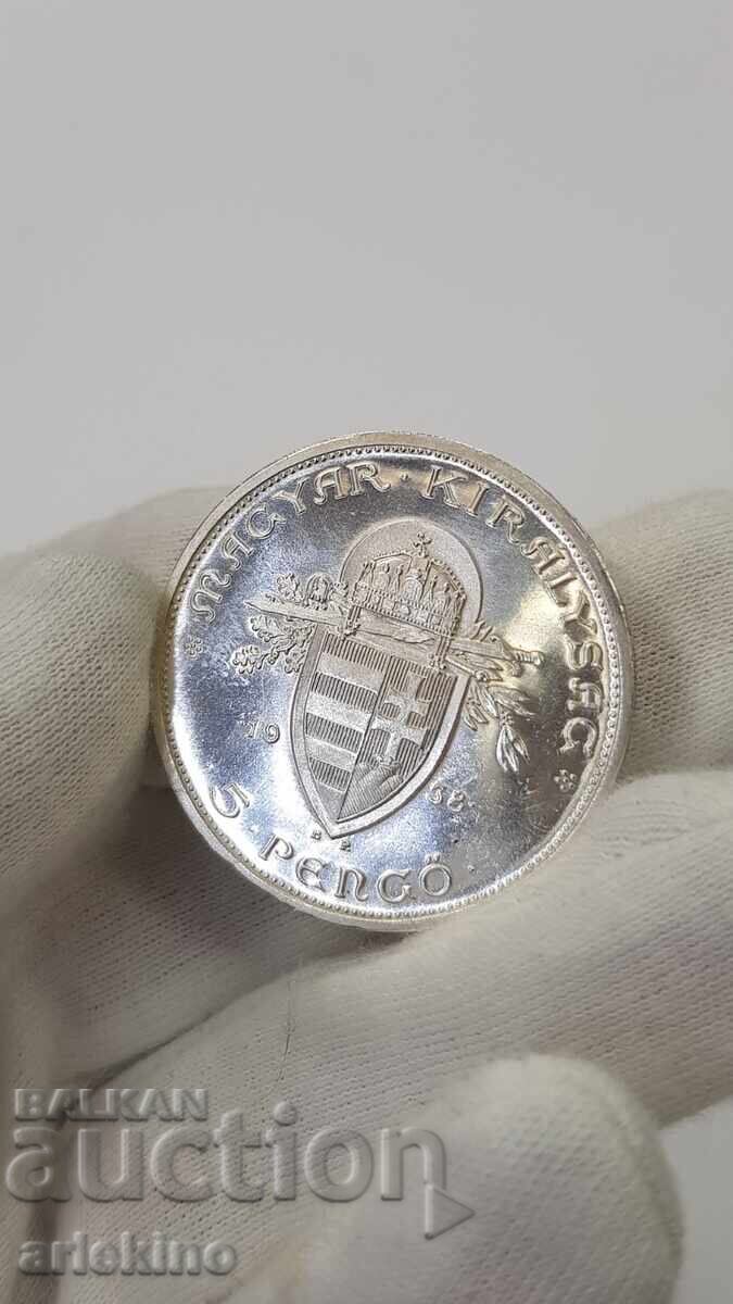 Licitație Monedă rară de argint 5 pengő 1938 VR Ungaria Licitație Monedă rară de argint 5 pengő 1938 VR Ungaria