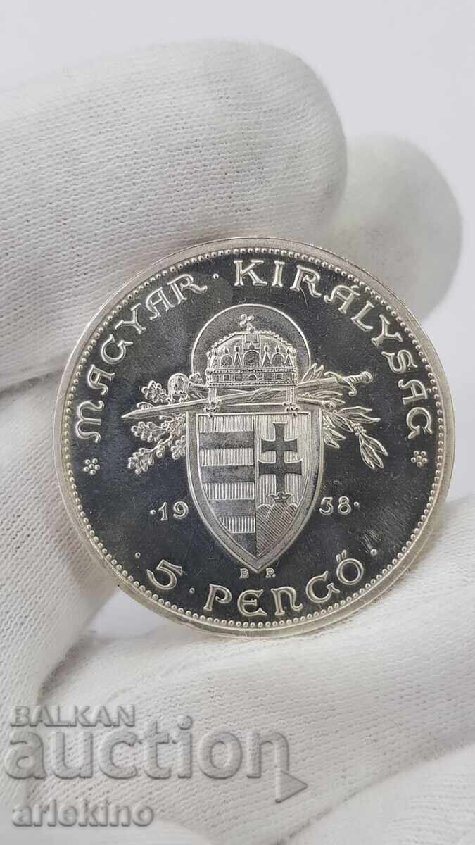 Monedă rară de argint 5 pengő 1938 VR Ungaria Monedă rară de argint 5 pengő 1938 VR Ungaria