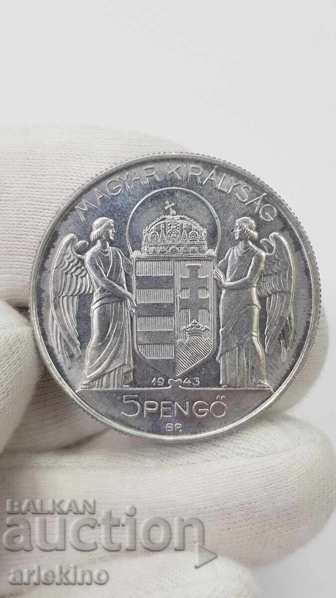 Monedă rară din aluminiu 5 pengő 1943 Ungaria VR Monedă rară din aluminiu 5 pengő 1943 Ungaria VR