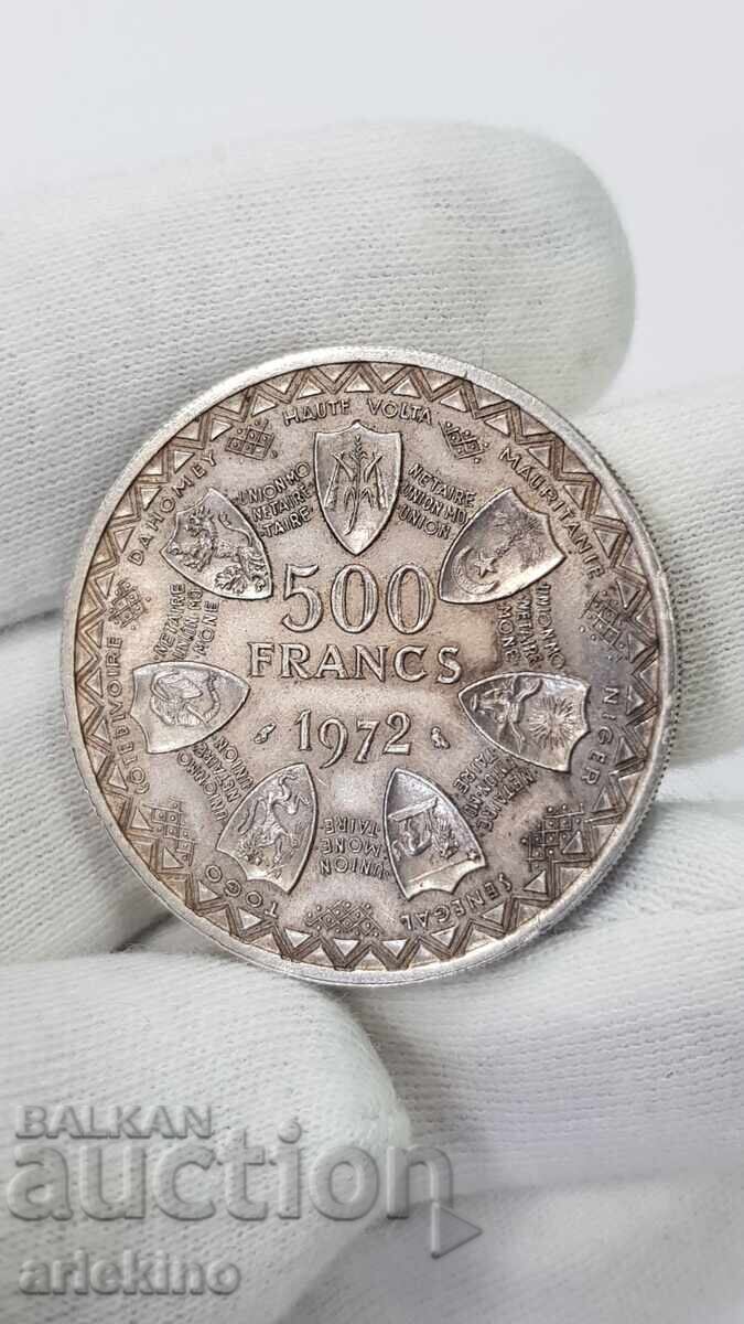 Monedă de argint rară Statele Africane 500 franci 1972