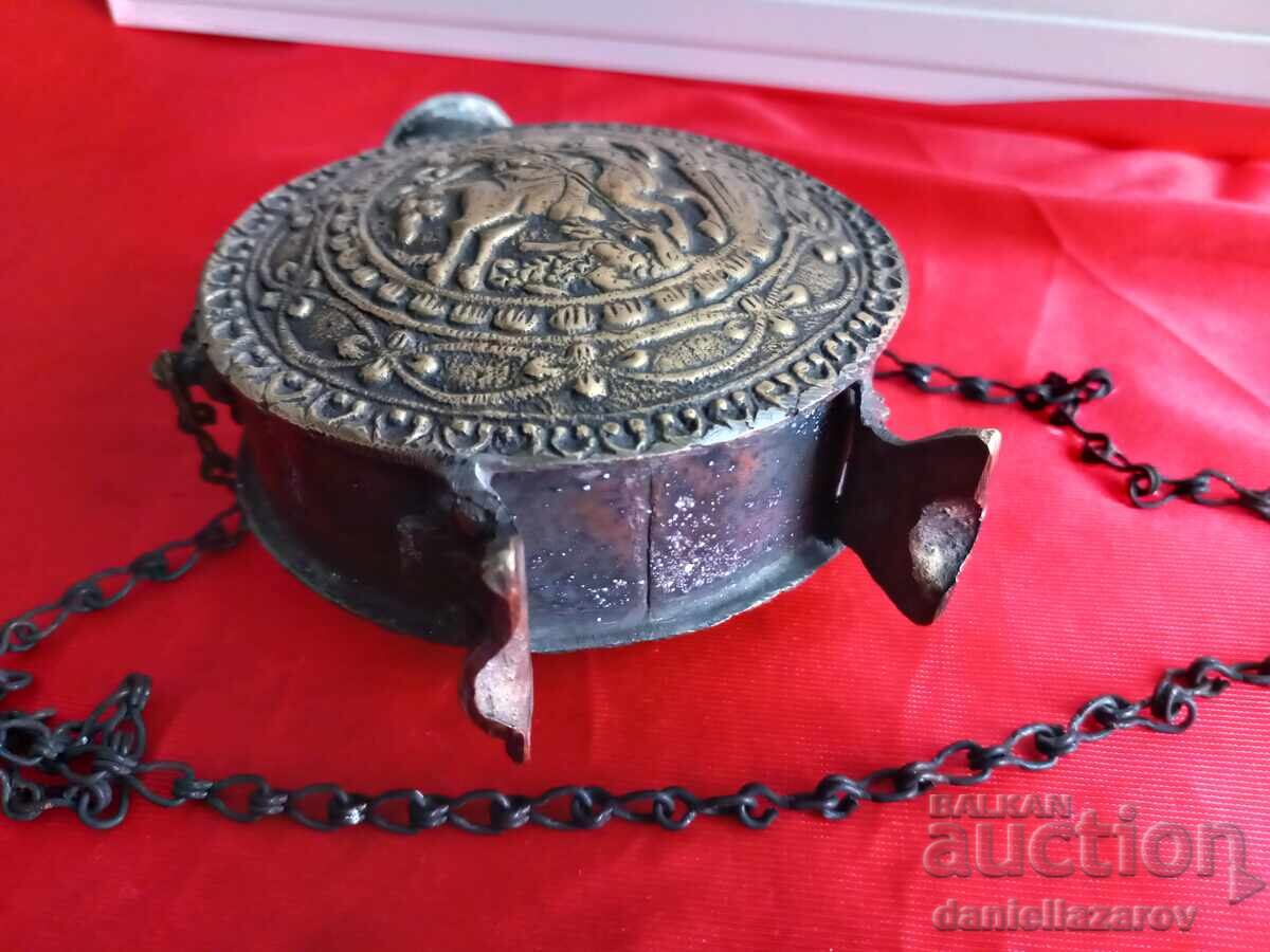 Auction  19th Century Old Bronze Powder Flask, Powder Horn Saint George