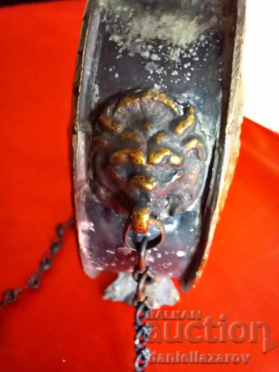 Delivery of 19th Century Old Bronze Powder Flask, Powder Horn Saint George