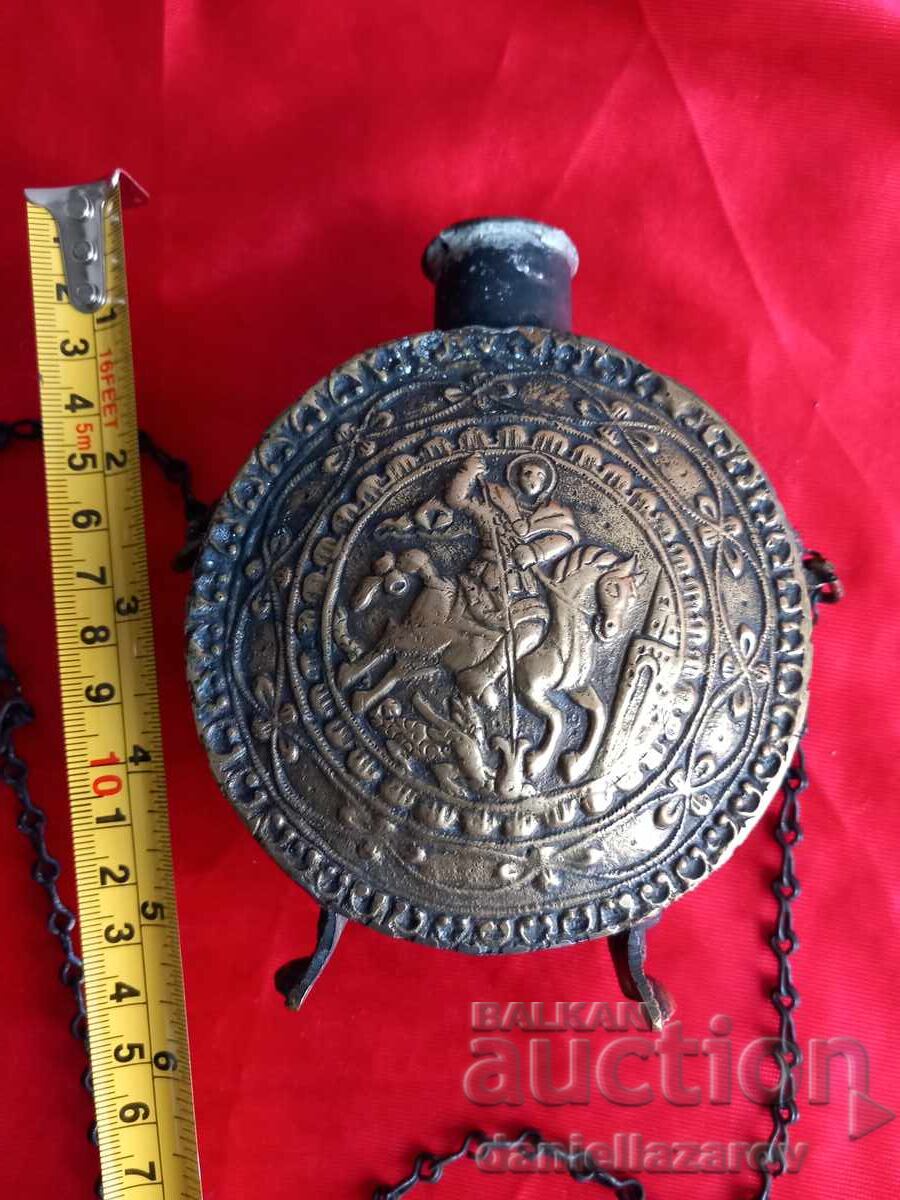 19th Century Old Bronze Powder Flask, Powder Horn Saint George - 5