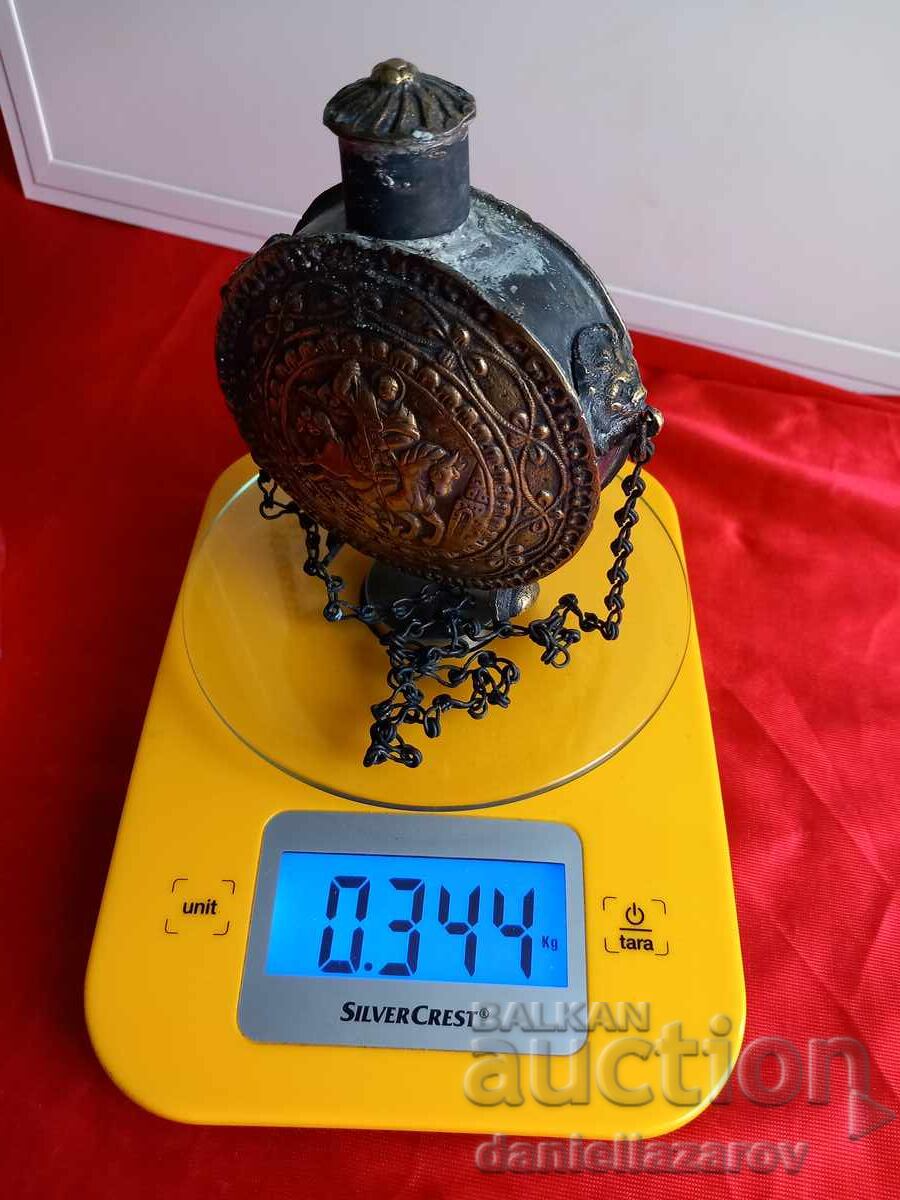 19th Century Old Bronze Powder Flask, Powder Horn Saint George - 6