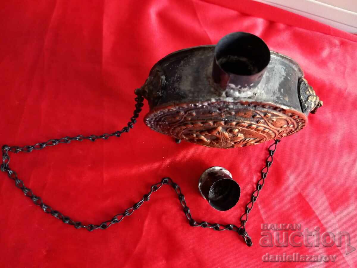 19th Century Old Bronze Powder Flask, Powder Horn Saint George - 7