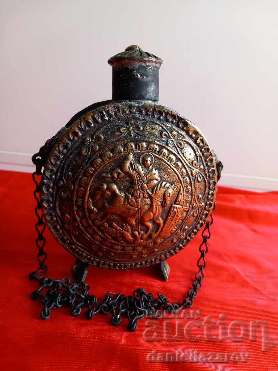 19th Century Old Bronze Powder Flask, Powder Horn Saint George