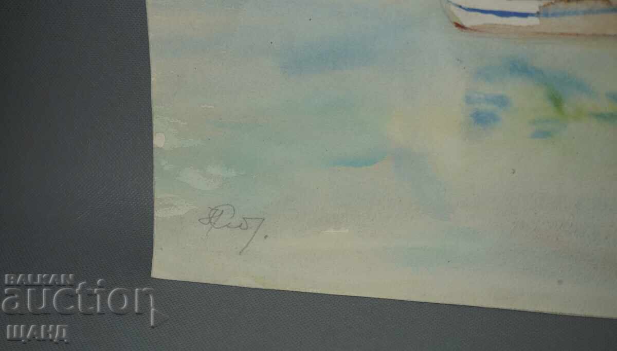 Pictură veche de maestru, acuarelă, peisaj marin, barcă cu preț 5.35 BGN | € 2.74