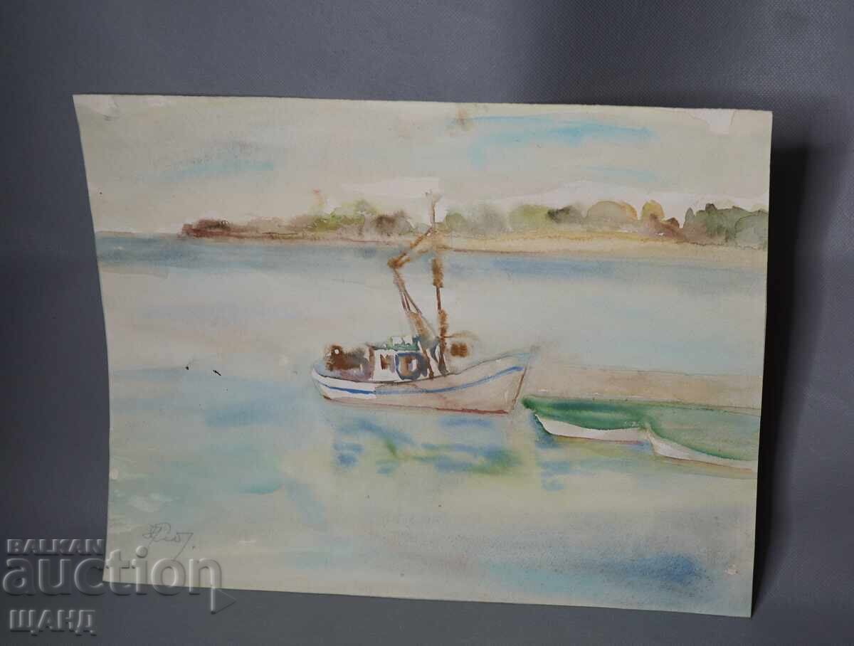Pictură veche de maestru, acuarelă, peisaj marin, barcă