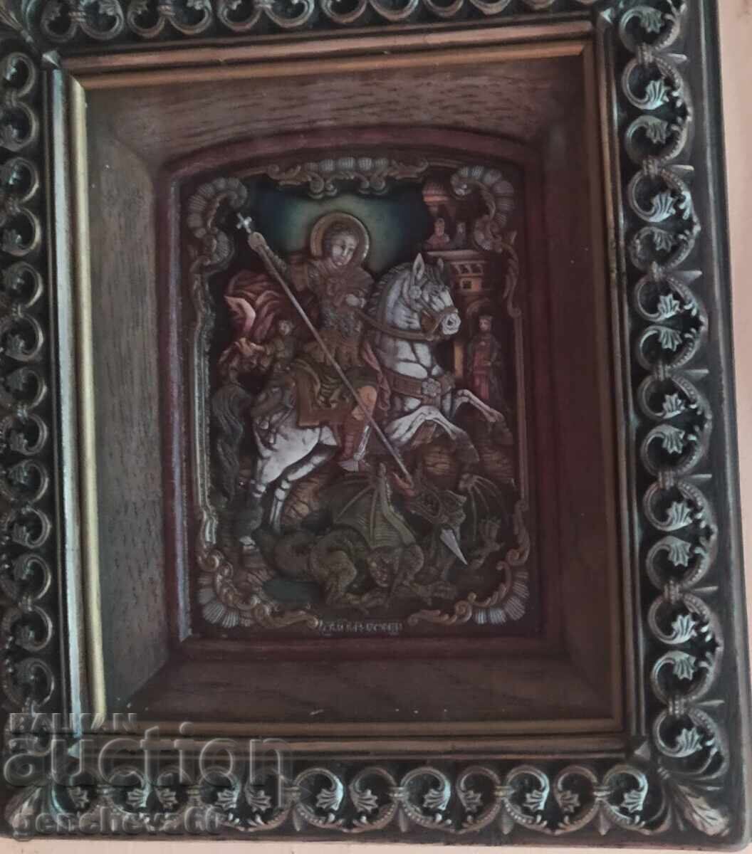 Παράδοση Εικόνα του Αγίου Γεωργίου του Τροπαιοφόρου/πιστοποιητικό ξυλογλυπτικής