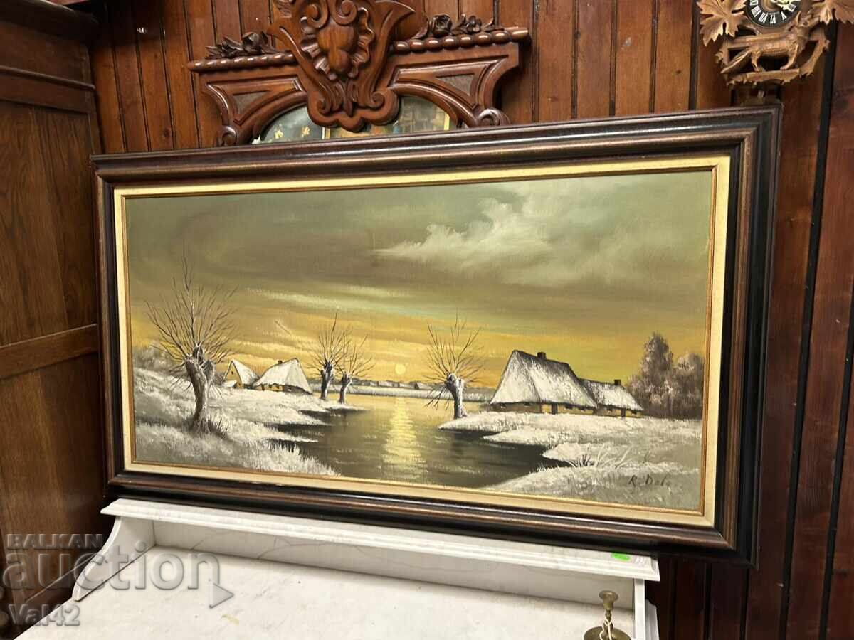 Παράδοση Χειμερινό τοπίο με σπίτια και ηλιοβασίλεμα Παράδοση Χειμερινό τοπίο με σπίτια και ηλιοβασίλεμα