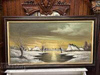 Χειμερινό τοπίο με σπίτια και ηλιοβασίλεμα