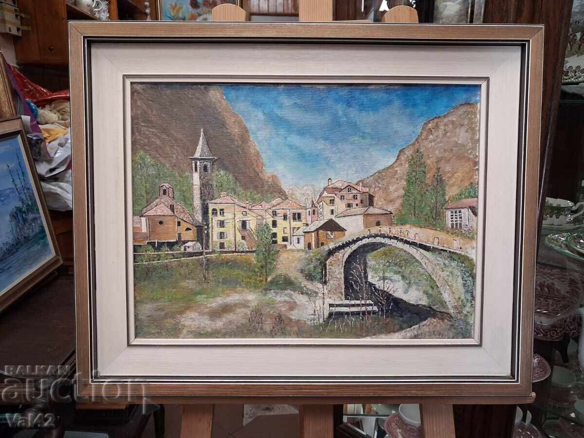 Τοπίο με πέτρινη γέφυρα και ορεινό χωριό Τοπίο με πέτρινη γέφυρα και ορεινό χωριό