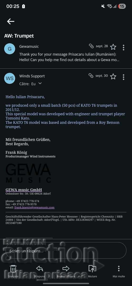 Gewa Kato T6 Bb model Trumpet, Unicat with price 3813.87 BGN | € 1950.00