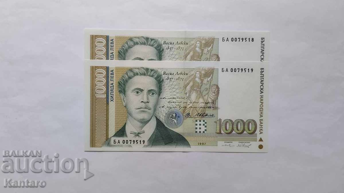 Banknote - BULGARIA - 1000 leva - 1997 - 2 pieces, consecutive serial numbers