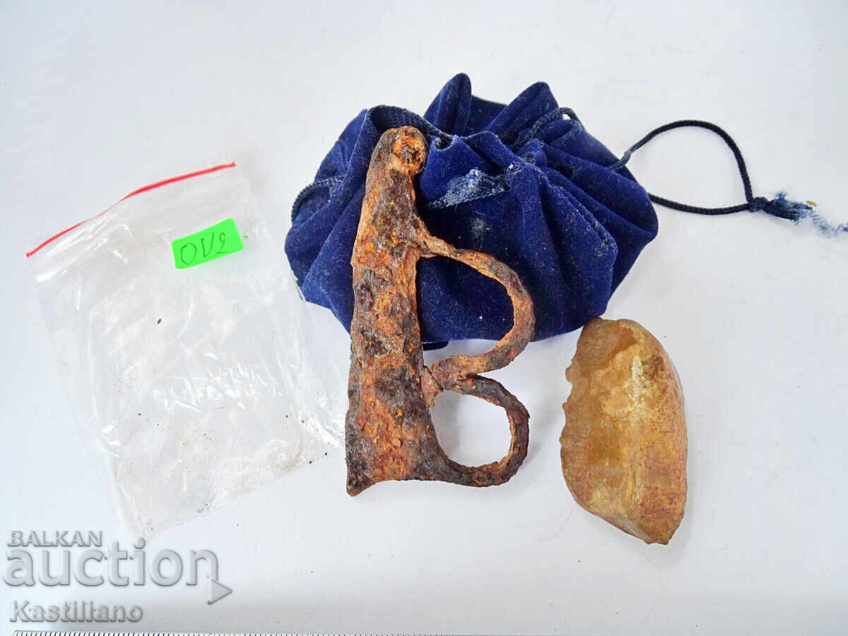 Old flint and steel fire starter, flint in a suede pouch 3 - 7