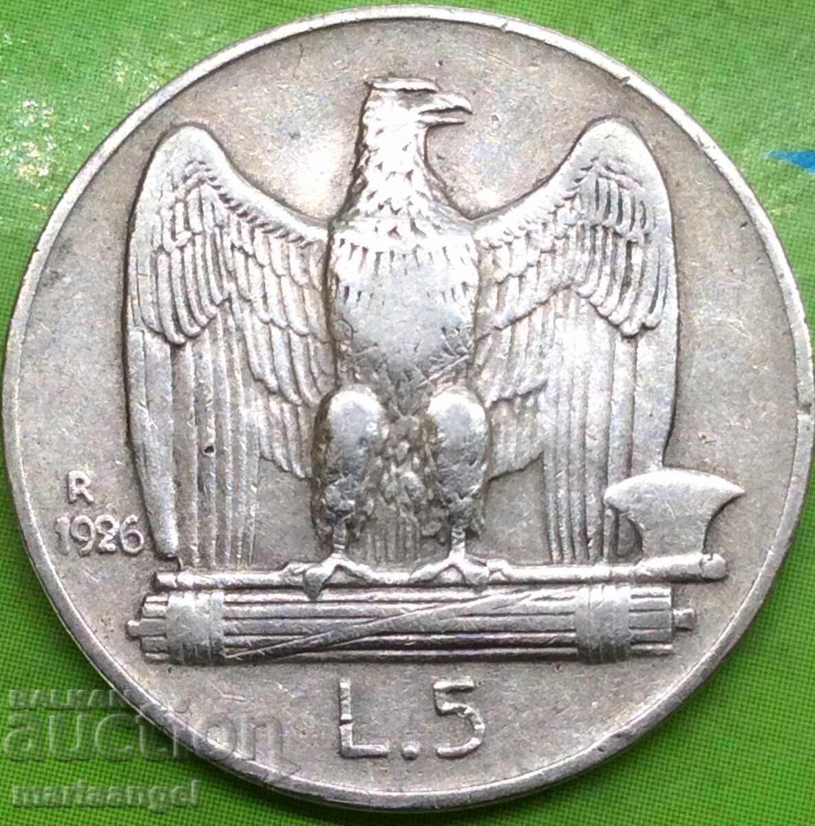 5 Lira 1926 Italy Silver - Rare Year 1 - 7 5 Lira 1926 Italy Silver - Rare Year 1 - 7