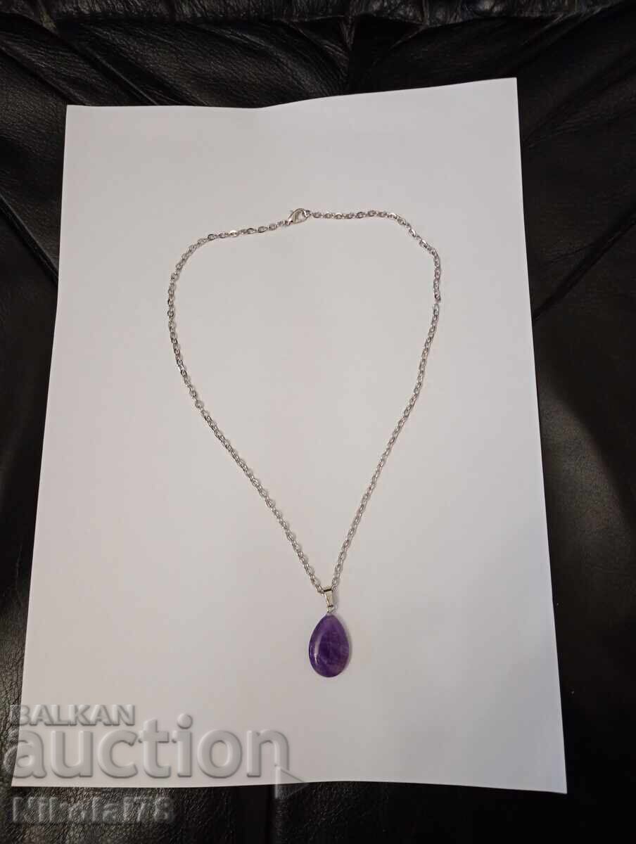 Ново колие висулка капка от Аметист - 28×16 верижка 45 см.