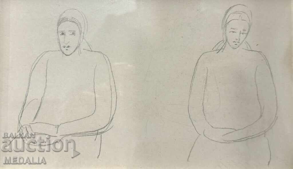 Vladimir Dimitrov-Maystora - "Girls" - pencil - framed with price 400.00 BGN | € 204.52 Vladimir Dimitrov-Maystora - "Girls" - pencil - framed with price 400.00 BGN | € 204.52