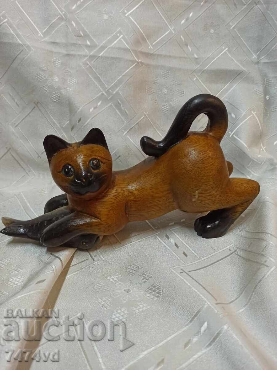 Hand-carved solid wooden cat figure with a fish - 5