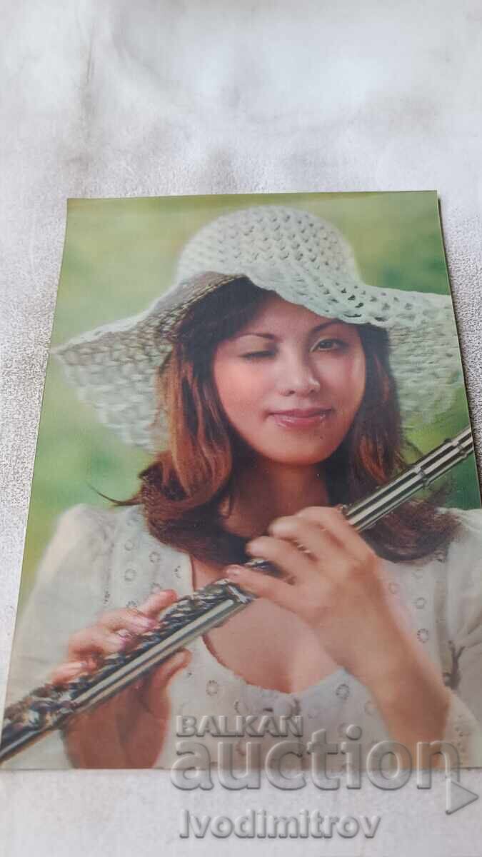 Стереокартичка Намигаща японка с флейта Стереокартичка Намигаща японка с флейта