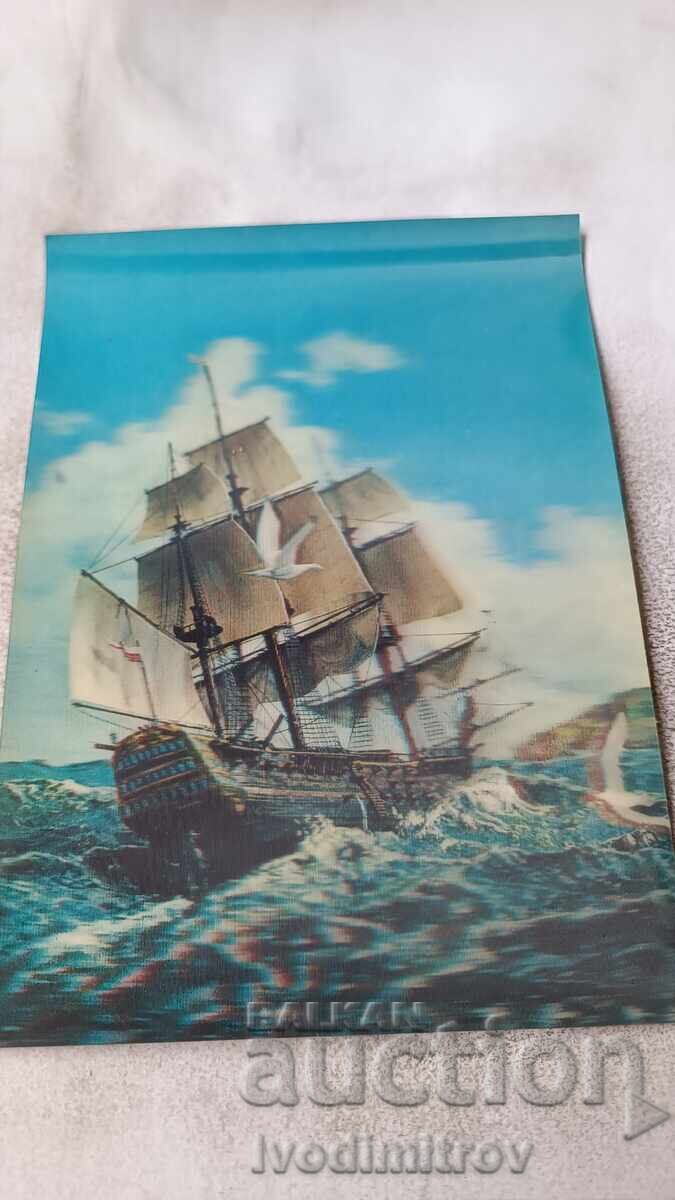 Stereocard of a Frigate in a Stormy Sea