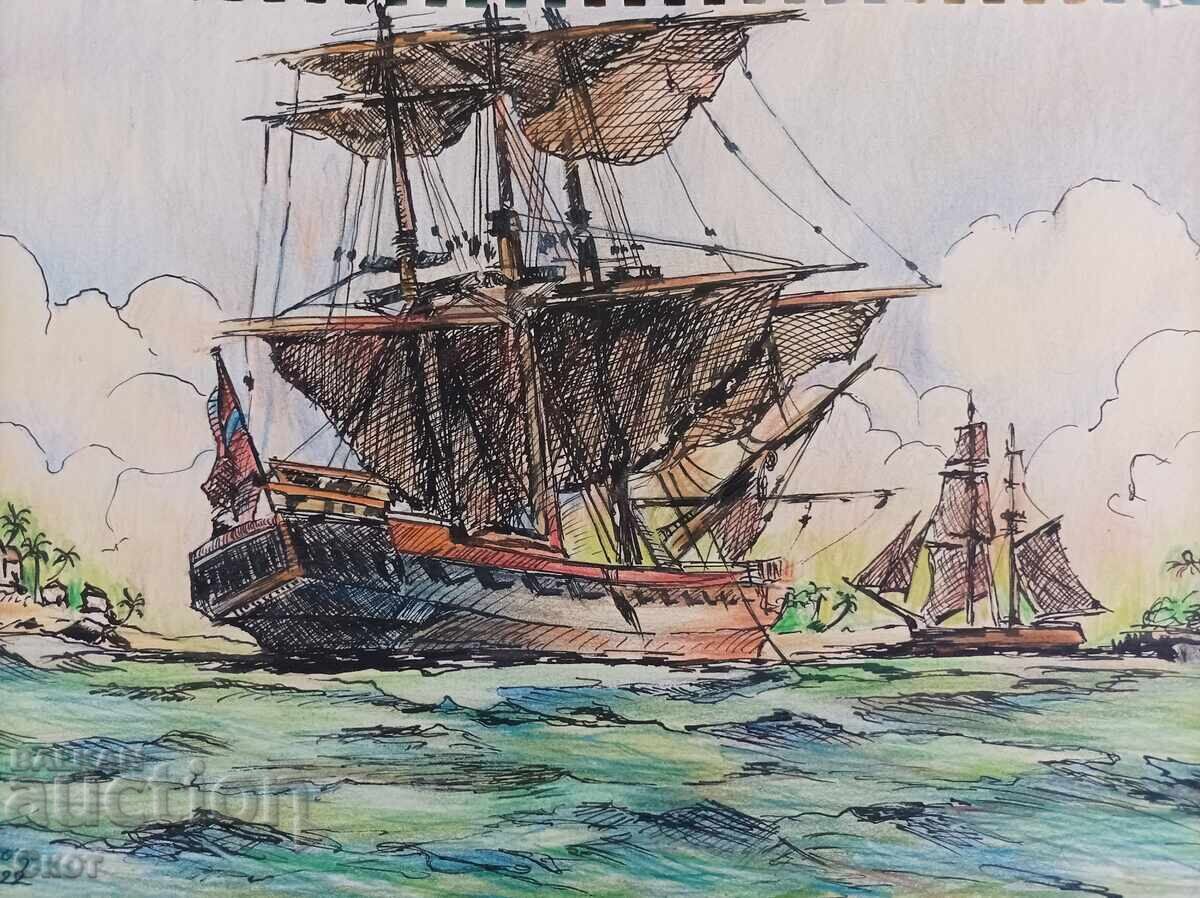 Desen cu cerneală și creioane colorate