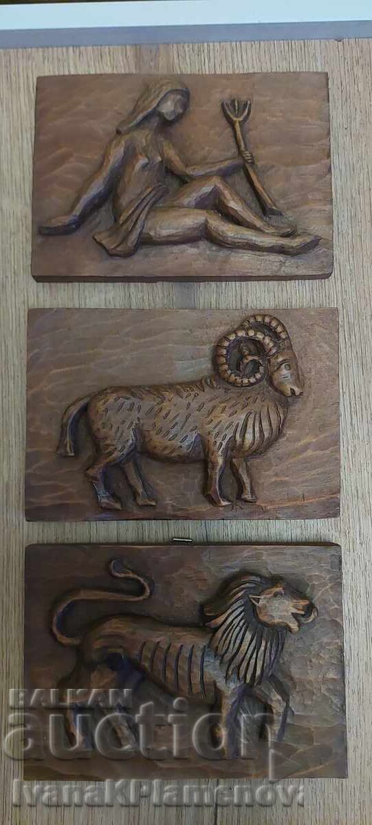 Wood carvings zodiac panels three pieces for connoisseurs