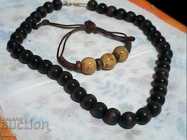 Old wooden necklace bracelet set with natural stone
