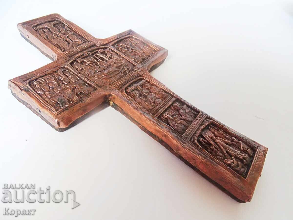 Cruce de perete ortodoxă cu aplicații de cupru și scene biblice - 6 Cruce de perete ortodoxă cu aplicații de cupru și scene biblice - 6