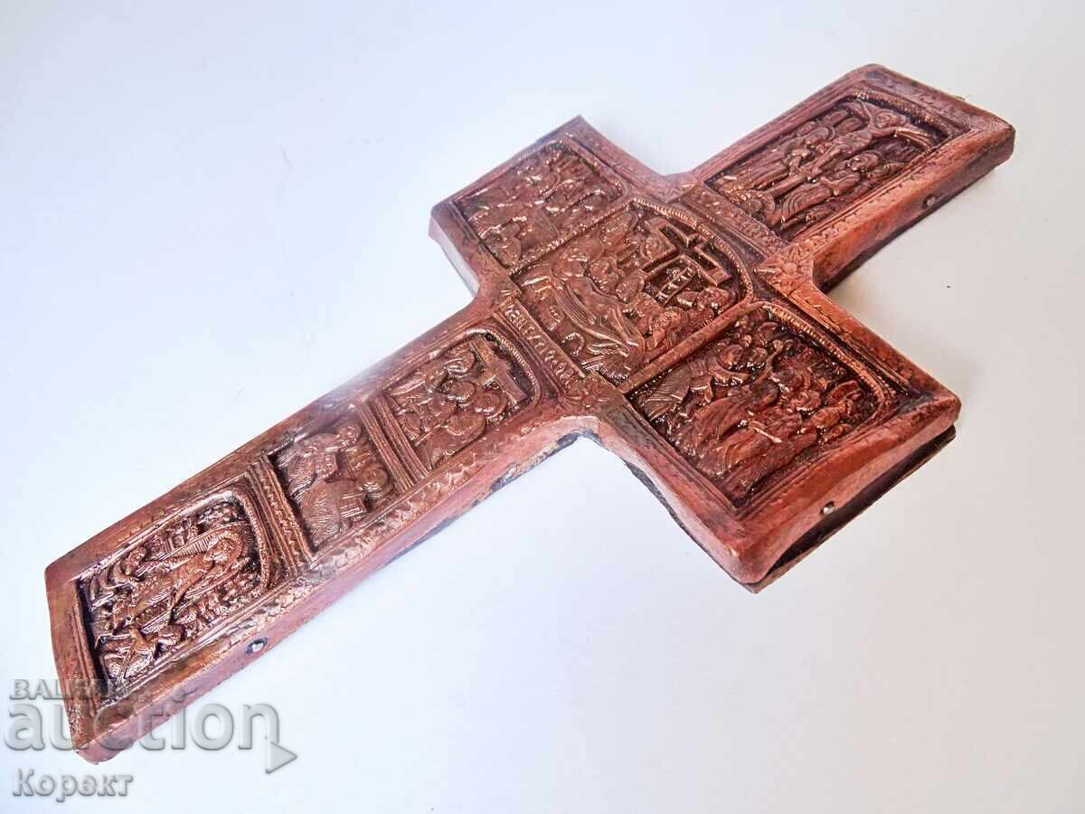 Cruce de perete ortodoxă cu aplicații de cupru și scene biblice - 7 Cruce de perete ortodoxă cu aplicații de cupru și scene biblice - 7