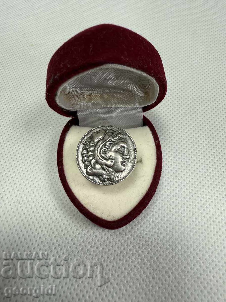 Ελληνικό ασημένιο δαχτυλίδι με νόμισμα - Αλέξανδρος Γ'. Νο. 7660