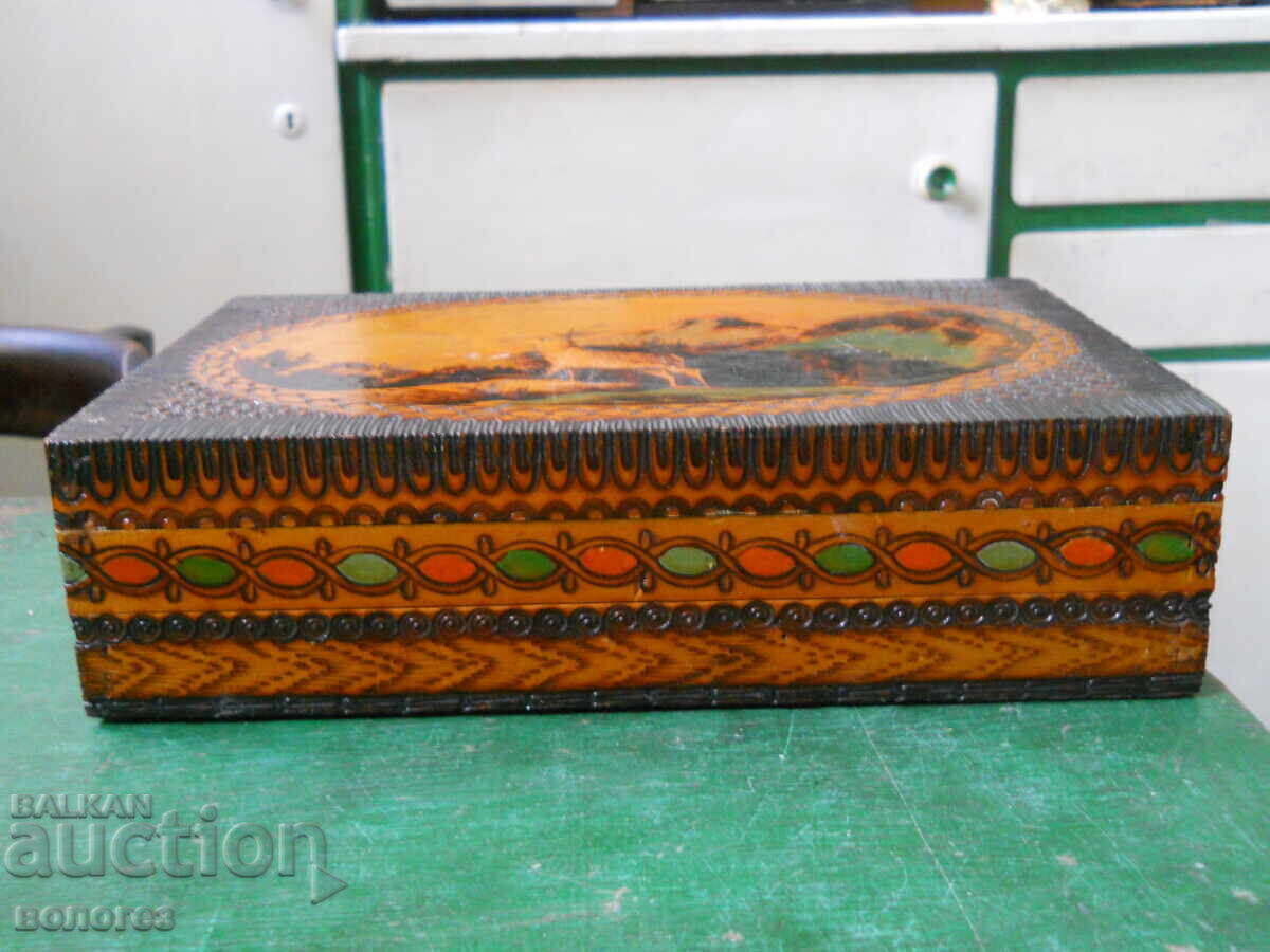Old wooden pyrography jewelry box with price 15.00 BGN | € 7.67