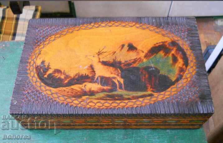 Old wooden pyrography jewelry box
