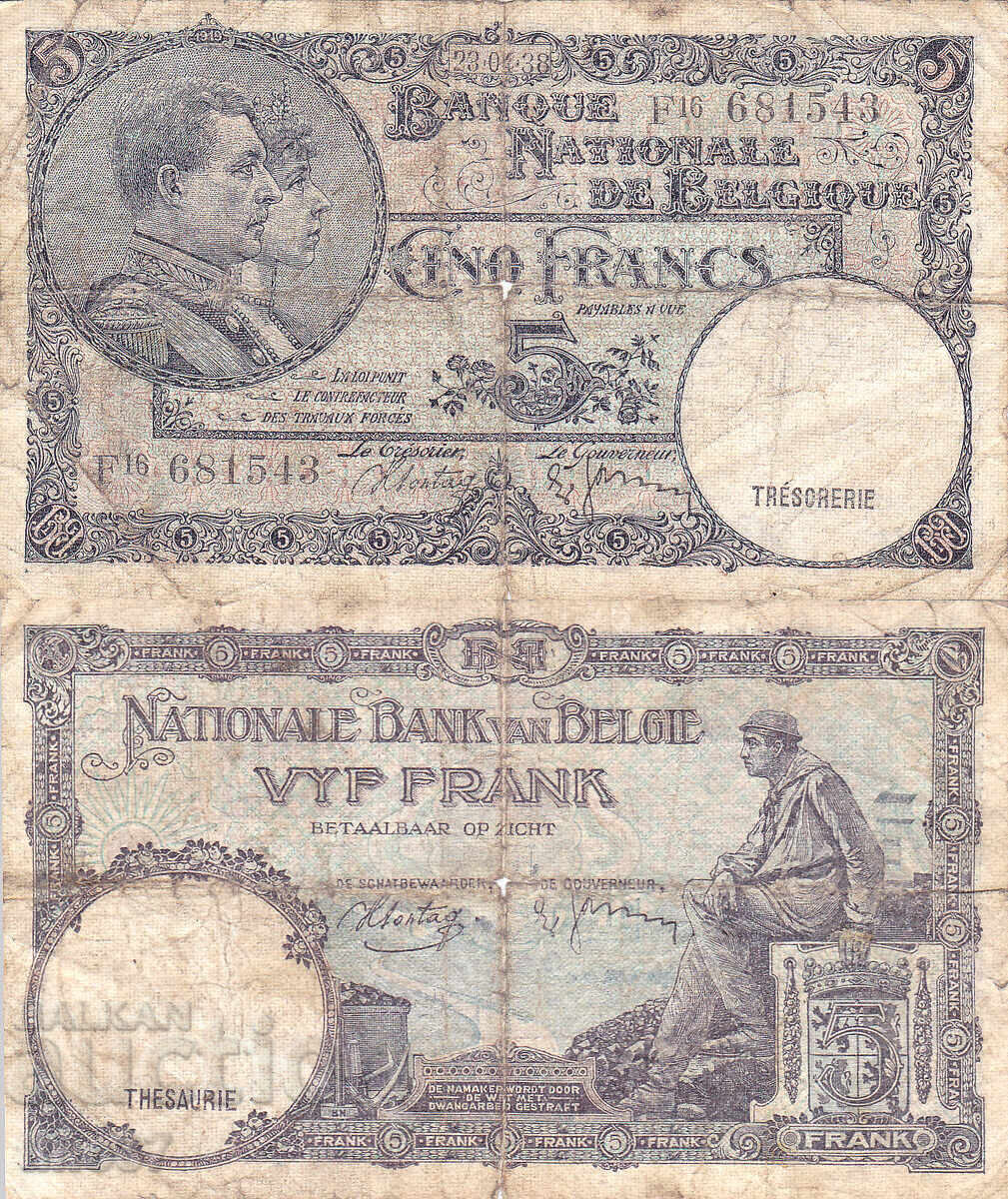 tino37- BELGIUM - 5 FRANC - 1938 tino37- BELGIUM - 5 FRANC - 1938
