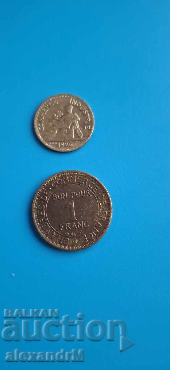 50 santimi 1926 + 1 franc 1923 Franța A Treia Republică cu preț 1.50 BGN | € 0.77