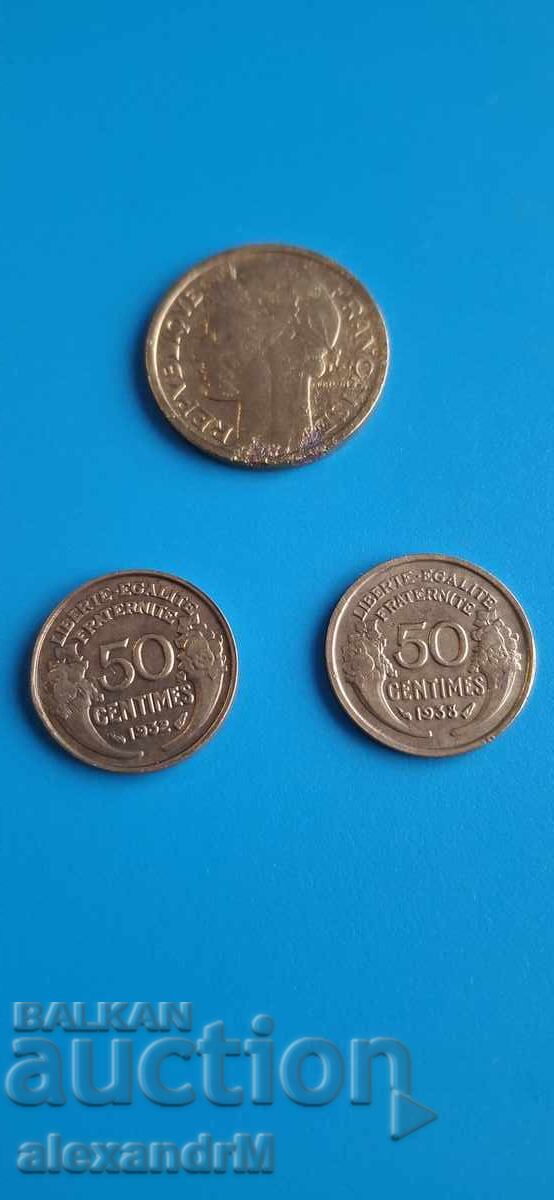 50 santima 1932/1938 + 1 franc 1938 Franța A Treia Republică