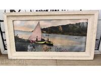 FOTOCARTINĂ MARE SOCIALĂ VAPOR MARE MARE RÂU RAMĂ STICLĂ