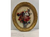 OIL ON CANVAS STILL LIFE FLOWERS PAINTING FRAME GLASS SIGNED